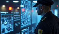A uniformed individual analyzes a map on a screen, focusing on enhancing workplace safety with unarmed security in Alabama.