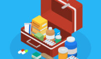 Isometric illustration showcasing a medical kit stocked with antibiotics and assorted medicines and pills.