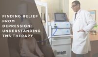 A doctor prepares a patient for TMS therapy using specialized equipment, highlighting a non-invasive treatment for depression. Text overlay reads: “Finding Relief from Depression: Understanding TMS Therapy.