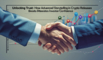 Two business professionals shaking hands in front of a rising graph, symbolizing trust and growth in the crypto industry.