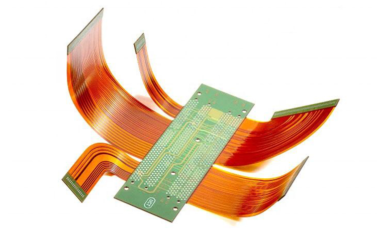 Flexible PCB fabrication showing bendable printed circuit board with compact component layout for space-constrained electronic devices.