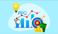 PPC advertising concept with bar chart, target, money and growth indicators.